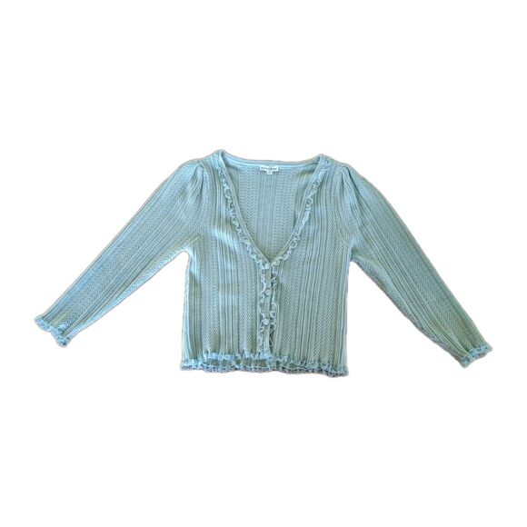 For Love & Lemons Lace Trimmed Cardigan Women's Sz XL Ribbed V-neck Fitted Mint - Picture 1 of 9